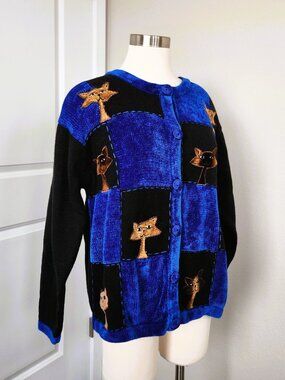 Vintage Lisa International Cat Cardigan Sweater XL Blue Black Embroidered